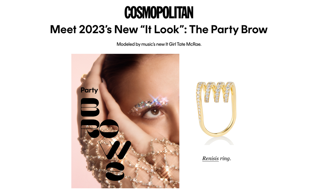 This is a graphic from Cosmopolitan Magazine Featuring Renisis diamond pave‘ Curl Ring in 18kt yellow gold